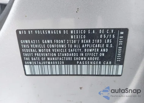 2015 Volkswagen Jetta 2.0L S from USA, damaged, VIN 3VW2K7AJ0FM409329